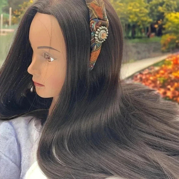 Handcrafted Paisley Silk Headband Upcycled Scrunchy Crown Silver-Tone Medallion - Picture 3 of 8